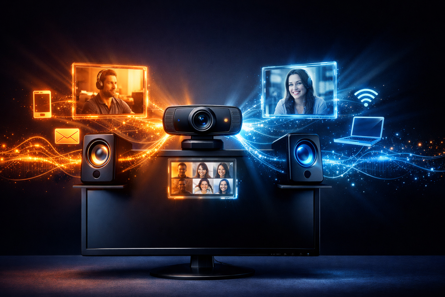 Logitech уебкамера и тонколони на монитор, светещи в тъмна стая с холографски data потоци