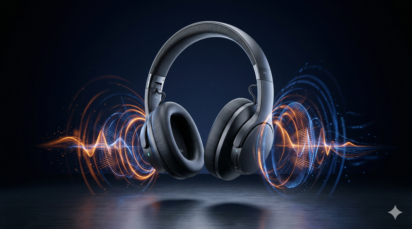 Безжични слушалки Sony WH-CH520 на тъмен фон с холографски звукови вълни