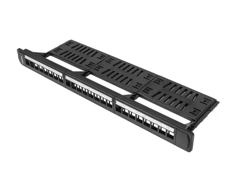 Πάνελ διασύνδεσης, Lanberg patch panel κενό 24 θυρών 1U με οργανωτή για μονάδες keystone, μαύρο Πάνελ διασύνδεσης, Lanberg patch panel κενό 24 θυρών 1U με οργανωτή για μονάδες keystone, μαύρο