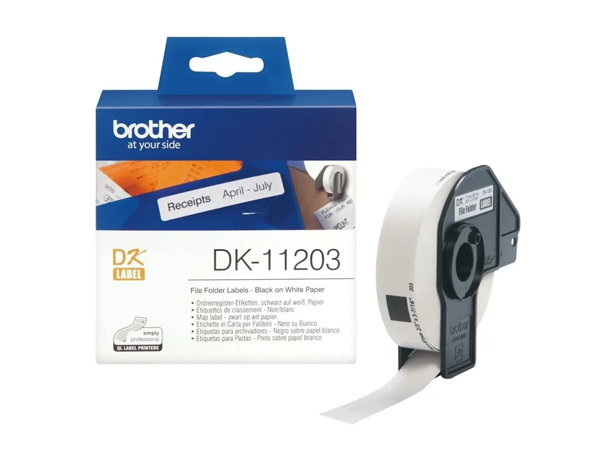 Consumabil, Brother DK-11203 Etichete pentru dosare, 17mm x 87mm, 300 de etichete pe rolă, negru pe alb