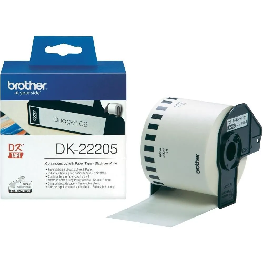 Консуматив, Brother DK-22205 Roll White Continuous Length Paper Tape 62mmx30.48M (Black on White)