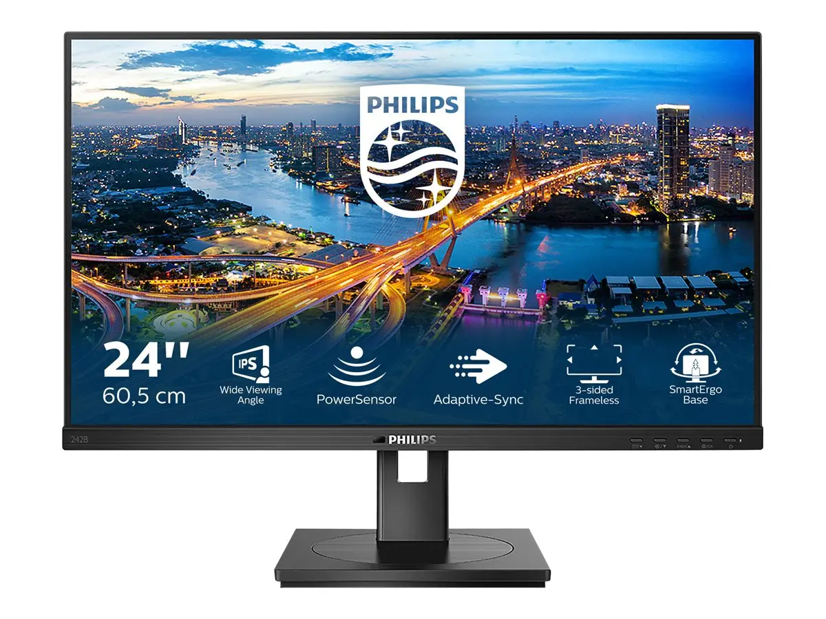 Монитор, Philips 242B1/00, 23.8" IPS WLED, 1920x1080@75Hz, 4ms GTG, 250cd/m2, 1000:1, DCR 50M:1, Adaptive Sync, FlickerFree, Low Blue Mode, 2Wx2, Tilt, Height Adjust, Pivot, Swivel, D-SUB, DVI, HDMI, DP, USB hub