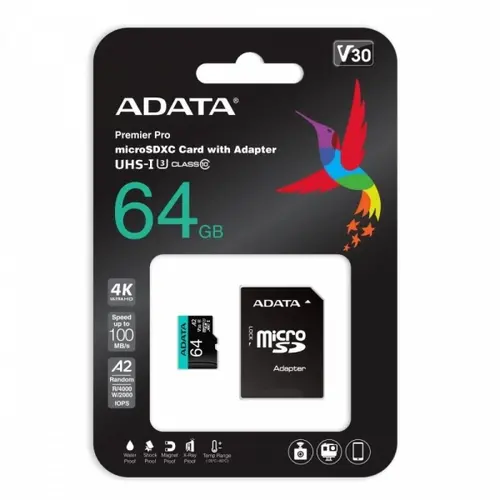 Памет, ADATA 64GB MicroSDXC UHS-I U3 V30S (with adapter) - image 1