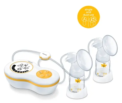 Помпа за кърма, Beurer BY 70 Dual electric dual breast pump, Bottle with anti-colic system, 10 stimulation levels and 10 pumping levels, Memory function, display,2 bottles,Incl. manual pump,Suitable for one and two-sided pumping