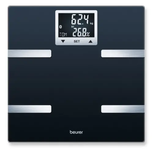 Везна, Beurer BF 720 BT diagnostic bathroom scale in black, Weight, body fat, body water, muscle percentage, bone mass, AMR/BMR calorie display; BMI calculation; Black LCD display; white illumination with display of user's initials; Bluetooth; 180 kg / 100 g - image 1
