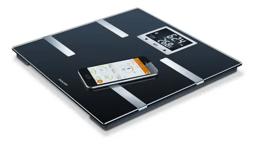 Везна, Beurer BF 720 BT diagnostic bathroom scale in black, Weight, body fat, body water, muscle percentage, bone mass, AMR/BMR calorie display; BMI calculation; Black LCD display; white illumination with display of user's initials; Bluetooth; 180 kg / 100 g - image 2