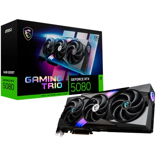 MSI Video Card Nvidia GeForce RTX 5080 16G GAMING TRIO OC, 16GB GDDR7, 256bit, Effective Memory Clock: 30000MHz, Boost: 2617 MHz, 10752 CUDA Cores, PCIe 5.0, 3x DP 2.1a, HDMI 2.1b, RAY TRACING, Triple Fan, 1x16pin, 850W Recommended PSU, 3Y