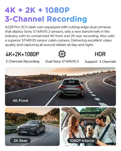 VIOFO Cameră video auto Dash Cam A229 Pro 3 Channel - 4K, HDR, Dual Sony STARVIS 2, GPS, Bluetooth - 4