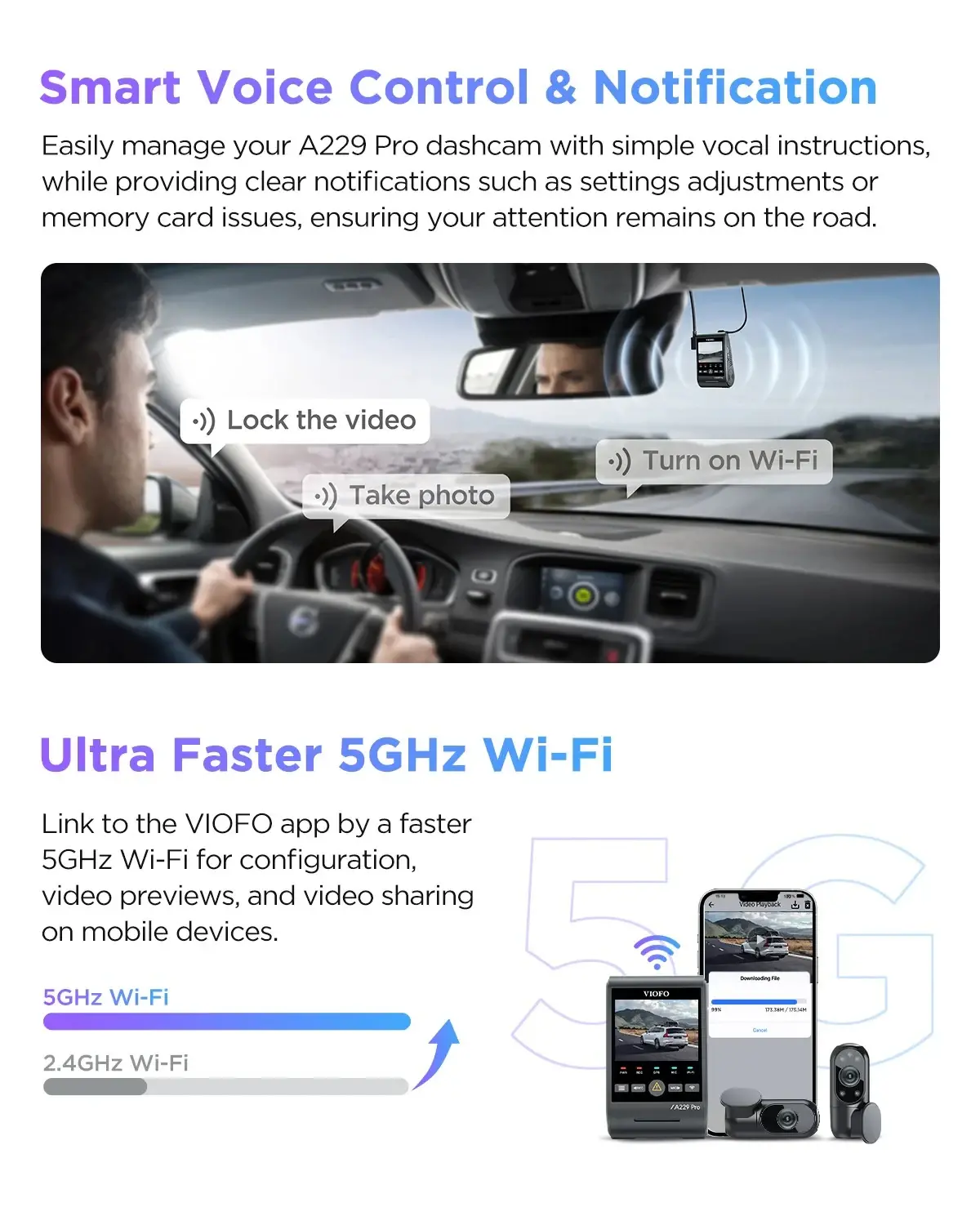 VIOFO Видеорегистратор Dash Cam A229 Pro 3 Channel - 4K, HDR, Dual Sony STARVIS 2, GPS, Bluetooth - image 6