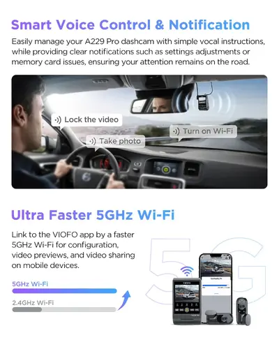 VIOFO Cameră video auto Dash Cam A229 Pro 3 Channel - 4K, HDR, Dual Sony STARVIS 2, GPS, Bluetooth - 7