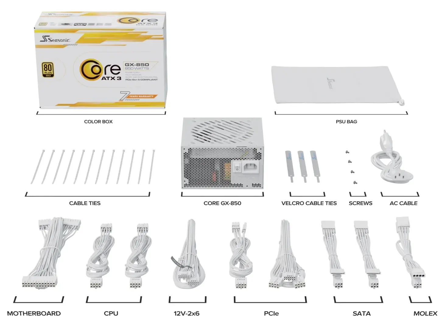 Seasonic захранване PSU ATX 3.1 850W Gold, Full Modular, PCIe 5.1 - CORE GX-850 V2 White - SRP-CGX851-A5A32SF-WH - image 8