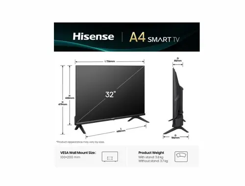 Телевизор, Hisense 32" A4Q, HD 1366x768,3000:1, DLED, HLG, DTS Virtual X, Smart TV, WiFi, WiFi Direct, BT, VIDAA U7,Anyview Cast, 2xHDMI, 2xUSB, LAN, CI+, DVB-T2/C/S2, Black - image 1