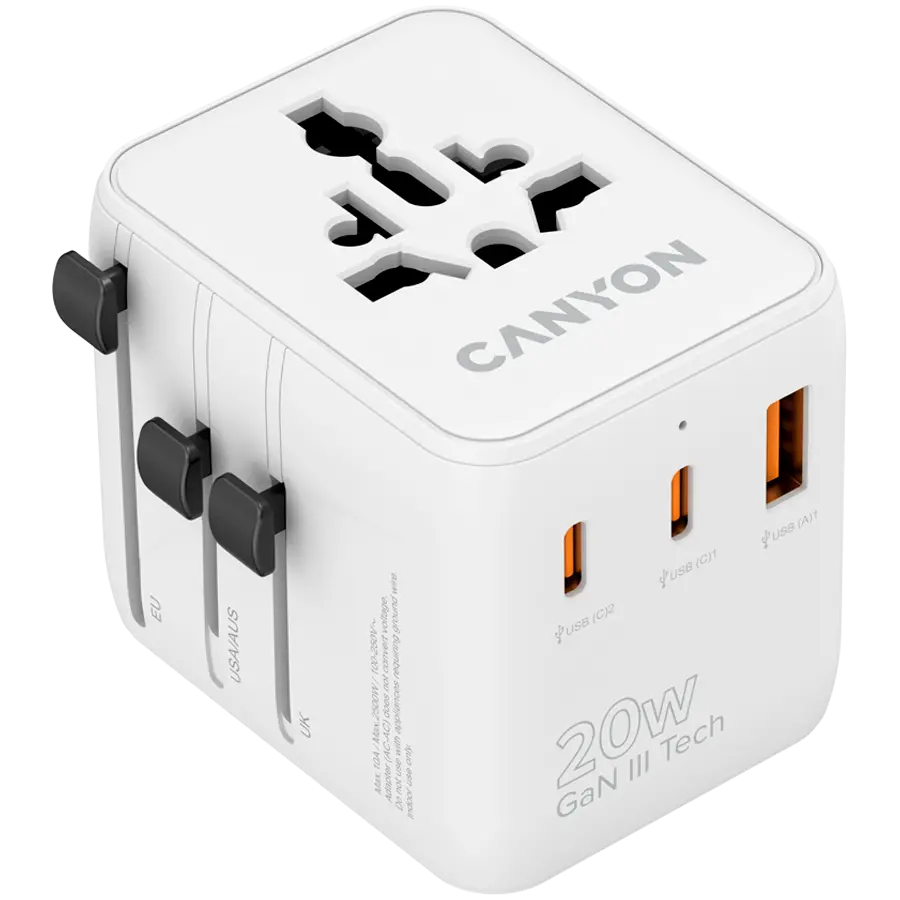 CANYON Travel Adapter OnTour 20 EU/UK/US/AUS 20W White
