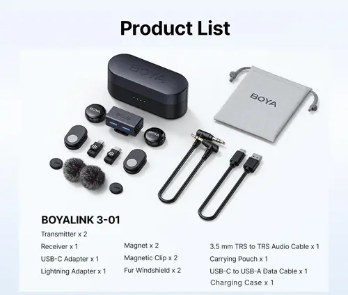 Безжична система микрофони BOYA BOYALINK 3-01 with lightning+USB-C +3.5mm TRS plug - image 20