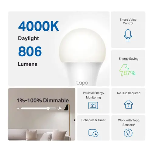 Λάμπα TP-Link Tapo L520E, E27, A60,7.0W, 4000K, 806 lumens - 2