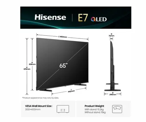 Телевизор, Hisense 65" E7Q, 4K Ultra HD 3840x2160, QLED, Quantum Dot, HDR 10+, HLG, Dolby Vision, DTS Virtual X, Smart TV,Light Sensor,WiFi Direct, BT, Anyview Cast, 3xHDMI, 2xUSB, LAN, CI+, DVB-T2/C/S2, Black - image 1