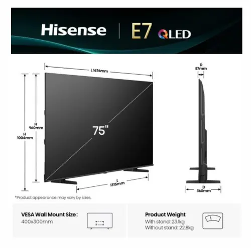 Телевизор, Hisense 75" E7Q, 4K Ultra HD 3840x2160, QLED, Quantum Dot, HDR 10+, HLG, Dolby Vision, DTS Virtual X, Smart TV, Light Sensor, WiFi Direct, BT, Anyview Cast, 3xHDMI, 2xUSB, LAN, CI+, DVB-T2/C/S2, Black - image 1