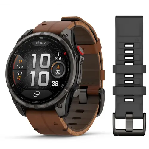 Garmin fēnix® 8 Pro – 47 мм, AMOLED - fēnix® 8 Pro – 47 mm, AMOLED, Sapphire - Carbon grey DLC titanium с Chestnut кожена каишка 010-03198-40