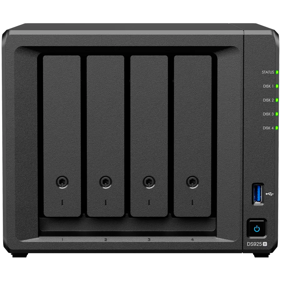 Synology DiskStation DS925+ Tower, 4 locașuri 3.5'' SATA HDD/SSD, 2 x slot M.2 2280 NVMe SSD, CPU AMD Ryzen V1500B 4 nuclee 2.2 GHz, 4 GB DDR4 ECC
