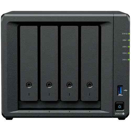 Synology DiskStation DS925+ Tower, 4-Bays 3.5'' SATA HDD/SSD, 2 x M.2 2280 NVMe SSD slot, CPU AMD Ryzen V1500B 4-core 2.2 GHz, 4 GB DDR4 ECC SODIMM, 2x RJ-45 2.5 GbE LAN Port; 2x USB 3.2; 1 xUSB Type-C expansion port; 2.26 kg; 3yr warranty