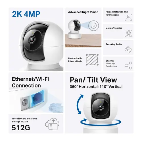 Камера TP-Link Tapo C222, 2K QHD, Pan/Tilt, WiFi, ден/нощ, indoor, mic - image 1