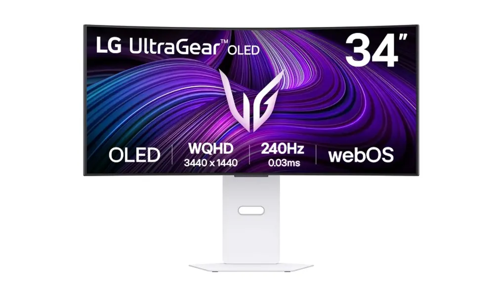 Монитор, LG 34GX90SA-W, 34", OLED UltraGear 21:9 Curved Smart, IPS 0.03 ms, WQHD (3440x1440), 240Hz, HDR 10, 1500000:1, 250 cd/m2, DCI-P3 98.5%, USB 3.0, VRR, Free-sync, G-Sync, USB-C, PD 65W, HDMI, DP, PBP, Speakers, LG Switch, Height, Swivel, Tilt, White