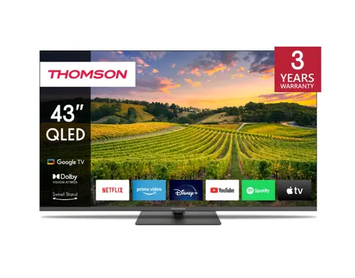 Телевизор, Thomson Smart QLED TV 43"; Google TV; 3840 x 2160 (4K UHD), 4000:1, QLED, 60 Hz, DVB-T/T2/C/S/S2, HDR10, Hotel mode, Wi-Fi, Bluetooth, LAN, HDMI 2 (2.0) + 2 (2.1), USB 2 (2.0) + 1 (3.0), Central Swivel Stand, Dark gray