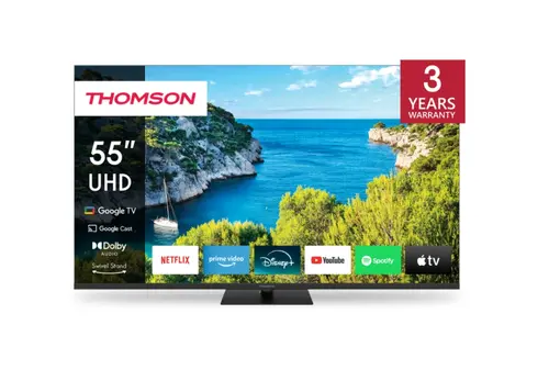 Телевизор, Thomson Smart UHD TV 55"; Google TV; 3840 x 2160 (4K UHD), 4000:1, DLED, 60 Hz, DVB-T/T2/C/S/S2, HDR10, Wi-Fi, Bluetooth, LAN, HDMI 2 (2.0) + 2 (2.1), USB 2 (2.0) + 1 (3.0),Central Swivel Stand, Black