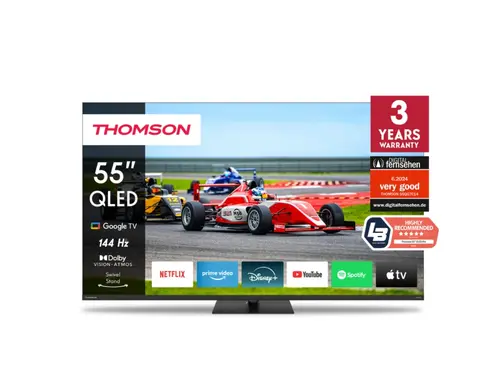 Телевизор, Thomson Smart QLED Pro TV 55"; Google TV; 3840 x 2160 (4K UHD), DLED, 144 Hz, DVB-T/T2/C/S/S2, HDR10, Wi-Fi, Bluetooth, LAN, HDMI 4 (2.1), USB 2 (2.0) + 1 (3.0), Central Swivel Stand, Black