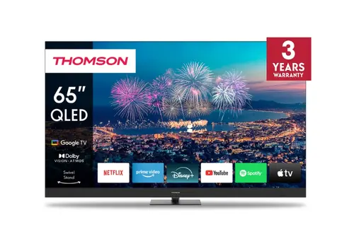 Телевизор, Thomson Smart QLED Plus TV 65"; Google TV; 3840 x 2160 (4K UHD), QLED, 4000:1, 60 Hz, DVB-T/T2/C/S/S2, HDR10, Wi-Fi, Bluetooth, LAN, HDMI 2 (2.0) + 2 (2.1), USB 2 (2.0) + 1 (3.0),Built-in Front Speakers, Central Swivel Stand, Black