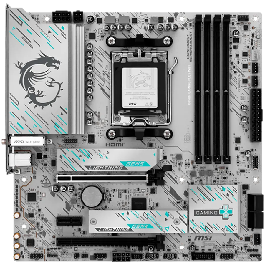 MSI B850M GAMING PLUS WIFI, mATX, Socket AM5, 4x DDR5 Dual Channel DDR5 up to 8200(OC)MHz, 2x PCIe x16 slot, 2x M.2 slot, 3x USB 5Gbps, 3x USB 10Gbps, 2x USB 10Gbps Type-C, HDMI, DP, 7.1 HD Audio, 5G LAN, WiFI 7, BT, 3Y - image 1