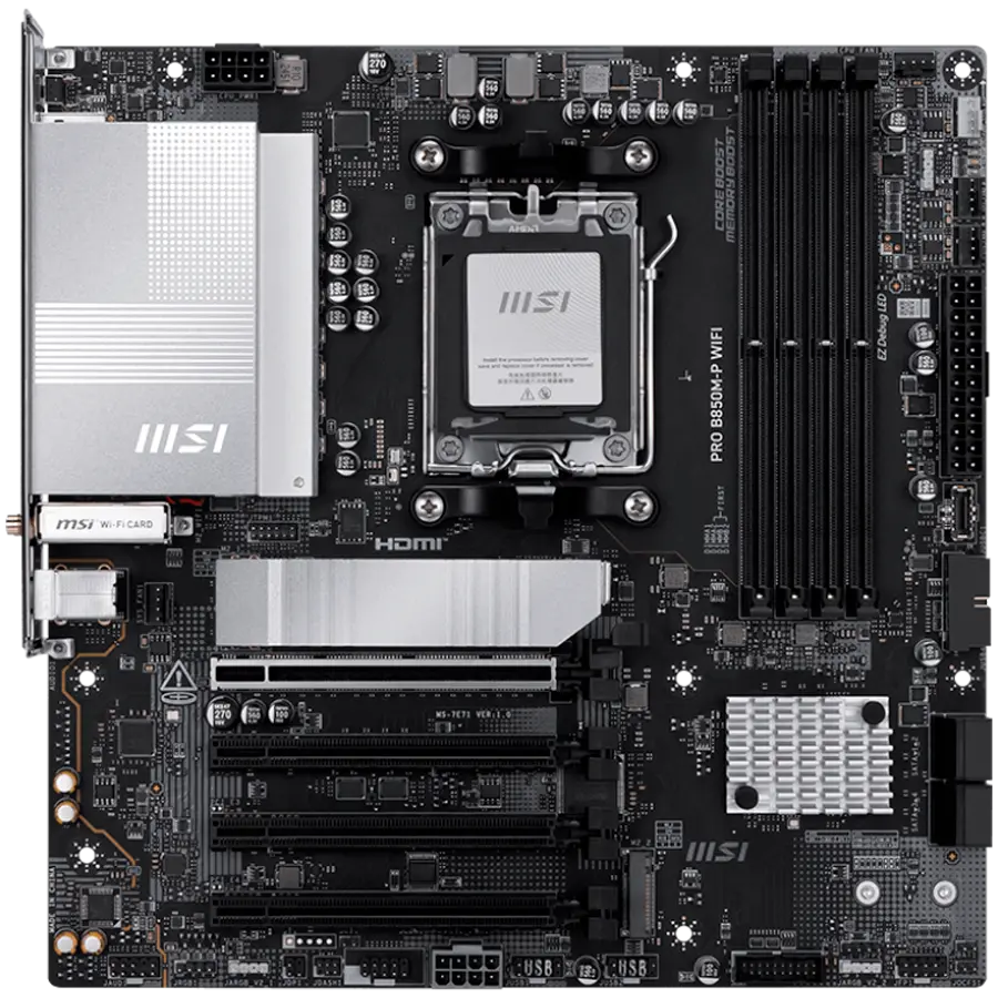 MSI PRO B850M-P WIFI, mATX, Socket AM5, 4x DDR5 Dual Channel DDR5 up to 8200(OC)MHz, 4x PCIe x16 slot, 3x M.2 slot, 4x USB 2.0, 2x USB 5Gbps, 1x USB 10Gbps, 1x USB 10Gbps Type-C, DP, 7.1 HD Audio, 5G LAN, WiFI 7, BT, 3Y - image 1