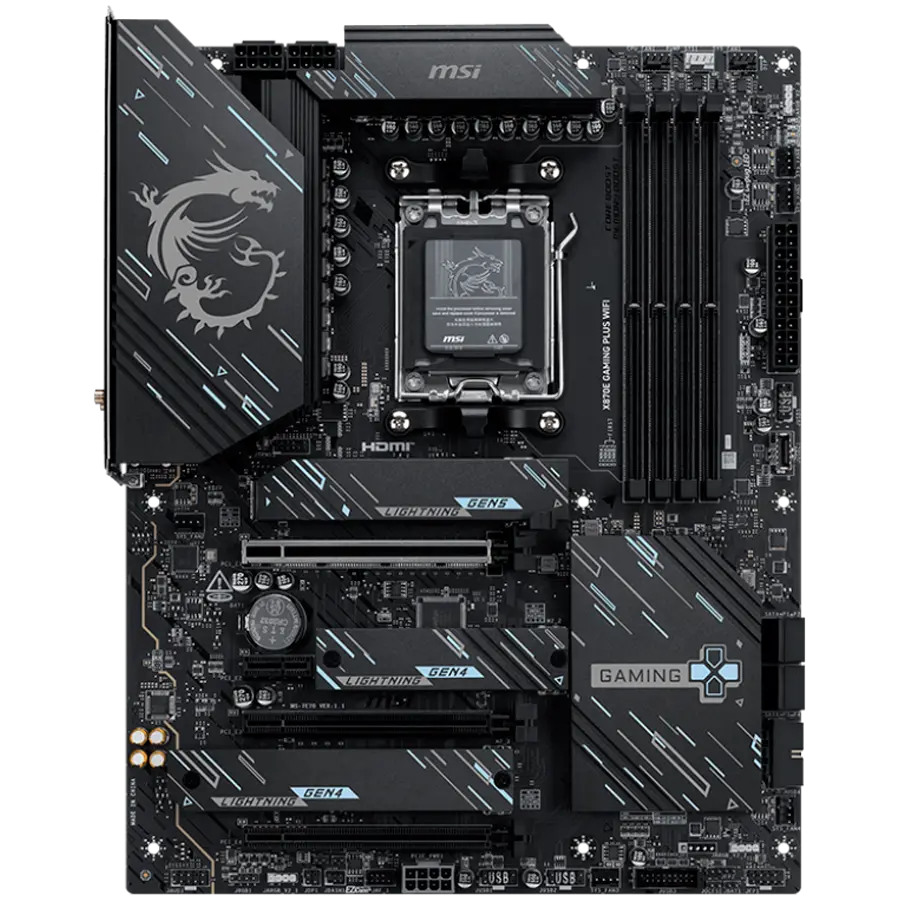 MSI X870E GAMING PLUS WIFI, ATX, Socket AM5, 4x DDR5 Dual Channel DDR5 up to 8200(OC)MHz, 3x PCIe x16 slot, 3x M.2 slot, 4x USB 2.0, 2x USB 5Gbps, 2x USB 10Gbps, 1x 20Gbps Type-C, 1x 40Gbps Type-C, HDMI, 7.1 HD Audio, 5G LAN, WiFI 7, BT, 3Y - image 1