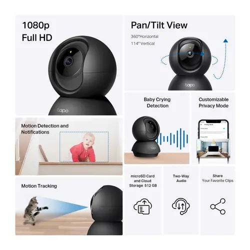 Камера TP-Link Tapo C201, Pan/Tilt, 1080p, ден/нощ до 9м., Micro SD, черна - image 1