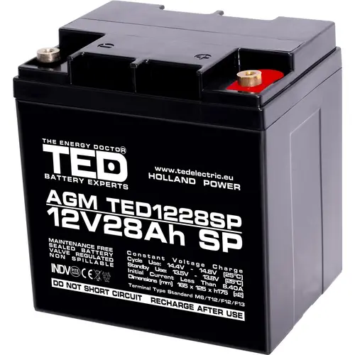 Baterie cu plumb AGM 12V / 26 Ah/28,5Ah - 166 / 176 / 125mm terminal F13(M5) TED ELECTRIC - 1