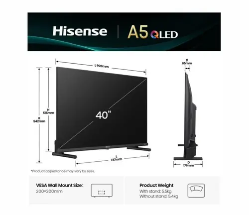Телевизор, Hisense 40" A5Q, Full HD 1920x1080, QLED, Quantum Dot, HDR, HLG, DTS HD, Light Sensor, Dolby Audio, Smart TV, WiFi, WiFi Direct, 2xHDMI, 2xUSB, LAN, CI+, DVB-T2/C/S2, Black - image 1