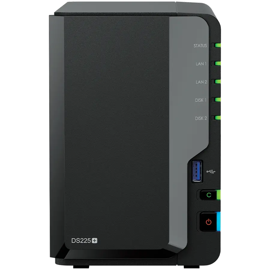 Synology DS225+, Tower, 2 sloturi 3.5'' SATA HDD/SSD, CPU Intel Celeron J4125 4 nuclee (4 thread-uri) 2.0 GHz, burst până la 2.7 GHz, 2 GB DDR4