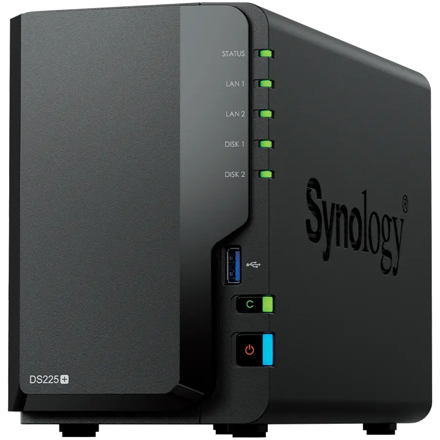 Synology DS225+, Tower, 2-bays 3.5'' SATA HDD/SSD, CPU Inte Celeron J4125 4-core (4-thread) 2.0 GHz, burst up to 2.7 GHz, 2 GB DDR4 non-ECC (expandable up to 6 GB), 1xRJ-45 1GbE LAN, 1xRJ-45 2.5 GbE LAN, 2xUSB 3.2 Gen 1, 1.3 kg, 3yr warranty - image 1