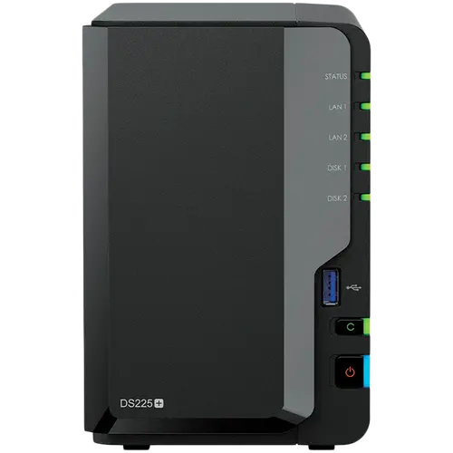 Synology DS225+, Tower, 2-bays 3.5'' SATA HDD/SSD, CPU Inte Celeron J4125 4-core (4-thread) 2.0 GHz, burst up to 2.7 GHz, 2 GB DDR4 non-ECC (expandable up to 6 GB), 1xRJ-45 1GbE LAN, 1xRJ-45 2.5 GbE LAN, 2xUSB 3.2 Gen 1, 1.3 kg, 3yr warranty