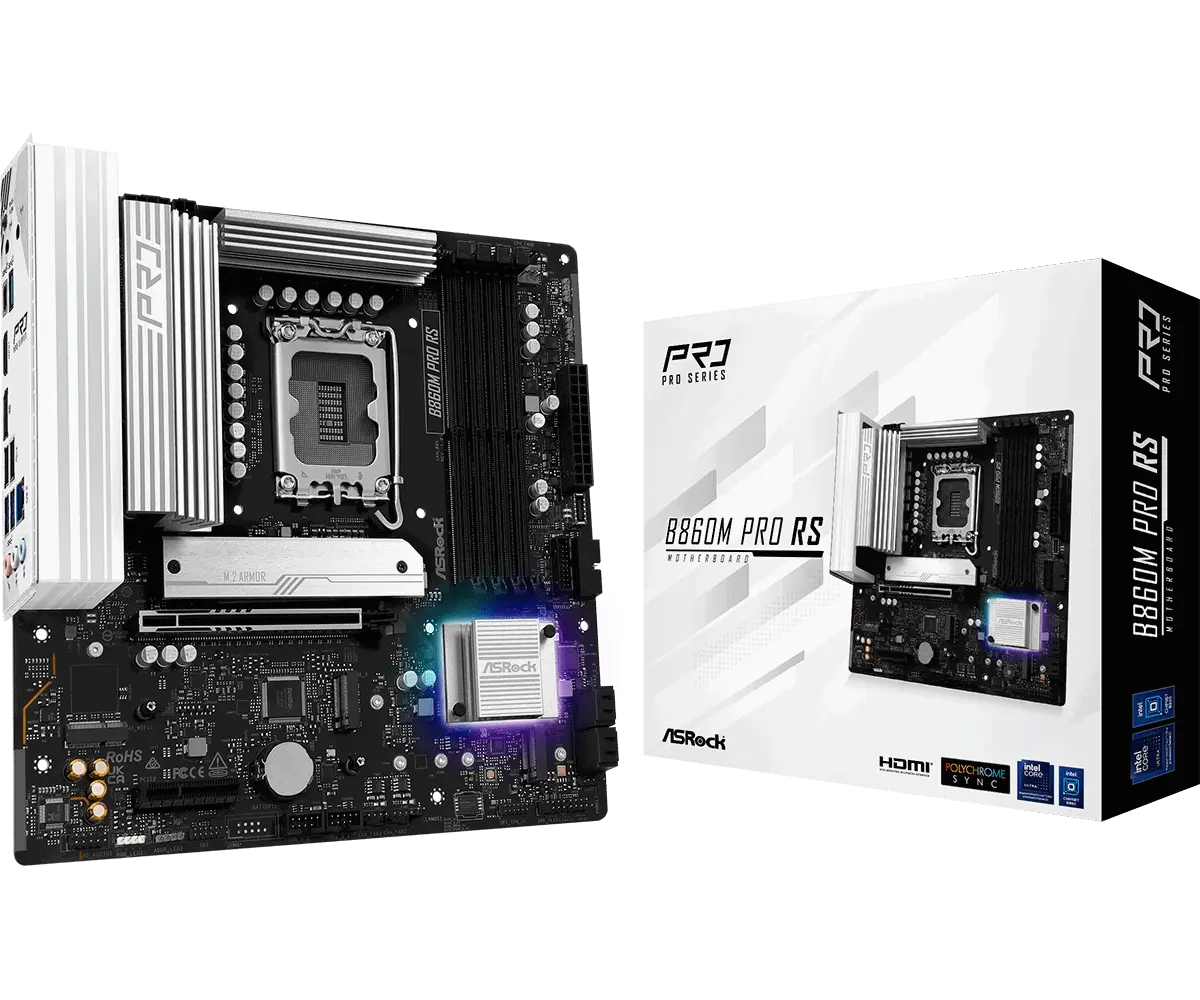 ASROCK MB Desktop B860M Pro Rs, S.1851, 4x DDR5, 1x PCIe 5.0 x16, 1x PCIe 4.0 x4, 1x Blazing M.2, 2x Hyper M.2, 4x SATA3, 2x USB-C, 7x USB 3.2, 6x USB 2.0, 1x RJ-45 2.5GB Lan, 1x HDMI, 1x DP 1.4, mATX