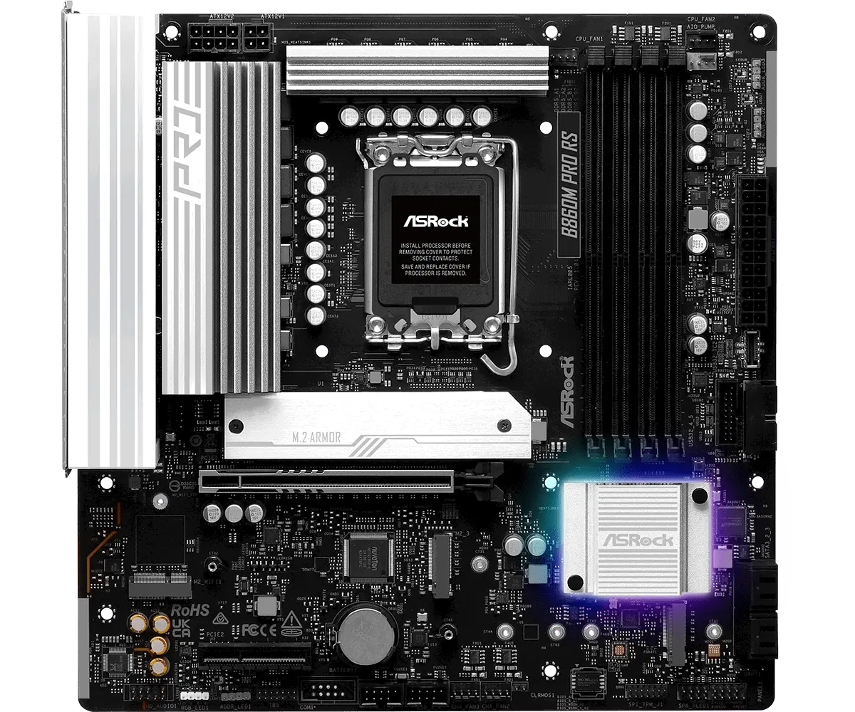 ASROCK MB Desktop B860M Pro Rs, S.1851, 4x DDR5, 1x PCIe 5.0 x16, 1x PCIe 4.0 x4, 1x Blazing M.2, 2x Hyper M.2, 4x SATA3, 2x USB-C, 7x USB 3.2, 6x USB 2.0, 1x RJ-45 2.5GB Lan, 1x HDMI, 1x DP 1.4, mATX - image 1