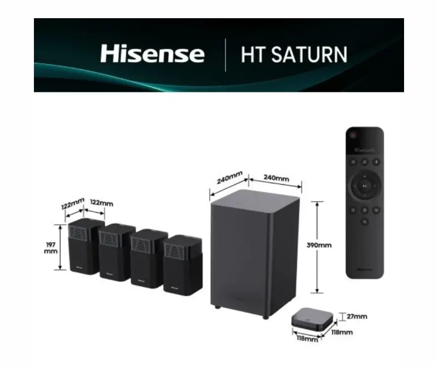 Аудио система, Hisense HT Saturn, 4.1.2Ch Sound Bar with Wireless Subwoofer, 720W, Dolby Atmos, Tuned by Devialet , DTS:X,Quad Satellite Speakers , Black - image 1