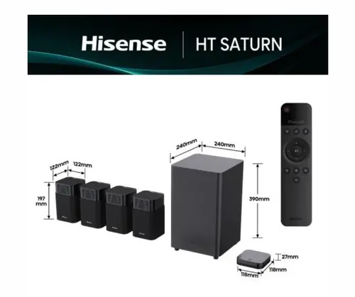 Аудио система, Hisense HT Saturn, 4.1.2Ch Sound Bar with Wireless Subwoofer, 720W, Dolby Atmos, Tuned by Devialet , DTS:X,Quad Satellite Speakers , Black - image 1