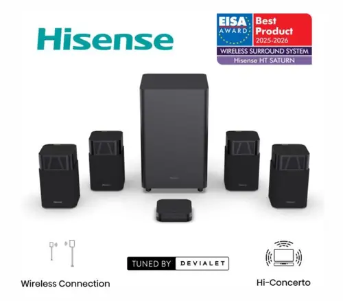 Аудио система, Hisense HT Saturn, 4.1.2Ch Sound Bar with Wireless Subwoofer, 720W, Dolby Atmos, Tuned by Devialet , DTS:X,Quad Satellite Speakers , Black