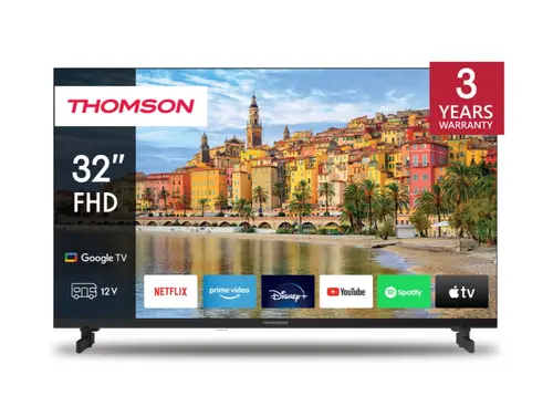 Телевизор, Thomson Smart FHD TV 32"; Google TV; 1920 x 1080 (FHD), DLED, 60 Hz, DVB-T/T2/C/S/S2, Wi-Fi, Bluetooth, LAN, HDMI 3 (1.4), USB 2 (2.0), 12 Volt adapter included, Side Feet, Black