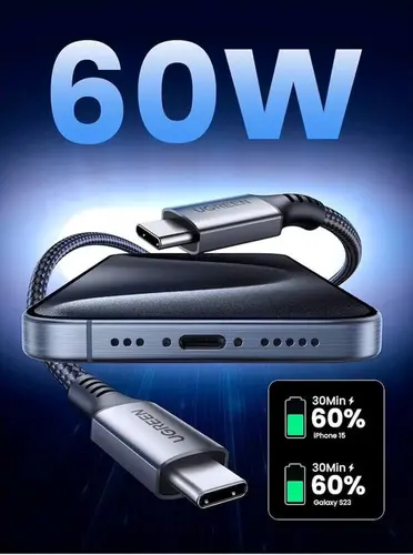 USB-C КЪМ USB-C КАБЕЛ ЗА ДАННИ И ЗАРЕЖДАНЕ – 60W 1м (US567) UGREEN - СИВ - image 2
