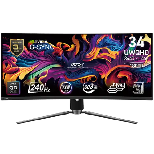 MSI MPG 341CQPX QD-OLED Gaming Monitor, 34.18" 240Hz, UWQHD (3440x1440) 21:9, QD-OLED Anti-Reflection, 0.03ms, 250nits, 1500000:1, 178/178, G-Sync Compatible, DisplayHDR True Black 400, Adjustable Stand, 1x DP, 2x HDMI, 1x Type-C 98W, 3Y Warranty