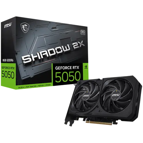 MSI Video Card NVIDIA GeForce RTX 5050 8G SHADOW 2X OC, 8GB GDDR6, 128-bit, 2602 MHz Boost, 2560 CUDA Cores, PCIe 5.0 (x8), 3x DP 2.1b, HDMI 2.1b, RAY TRACING, Dual Fan, 130W TDP, 8-pin PCIe Power, G-SYNC, 2-Slot, 3Y