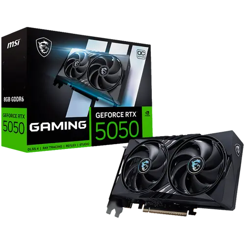 MSI Video Card NVIDIA GeForce RTX 5050 8G GAMING OC, 8GB GDDR6, 128-bit, 2647 MHz Boost, 2560 CUDA Cores, PCIe 5.0 (x8), 3x DP 2.1b, HDMI 2.1b, RAY TRACING, Dual Fan, 130W TDP, 8-pin PCIe Power, G-SYNC, 2-Slot, 3Y