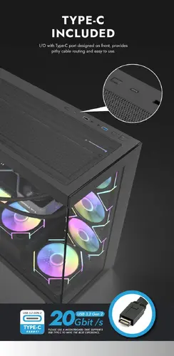 Darkflash кутия Case ATX - DS900 Black - 7 x 120 mm A-RGB fans included, USB-C - image 11